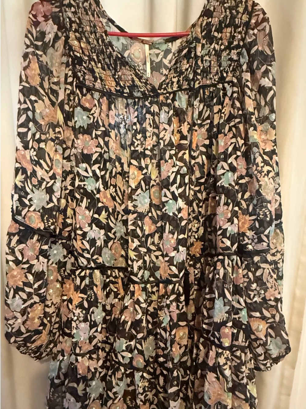 Free People Black Floral Blouse with Pastel Accents and flowy bubble sleeves